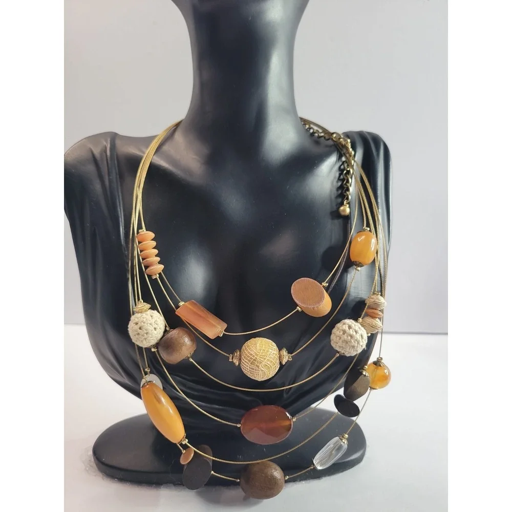 Chico's Multi Strand Beaded Necklace Brown Tan Orange Statement Boho Jewelry